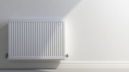 A white radiator attached to a clean white wall with sunlight casting a shadow on the surface