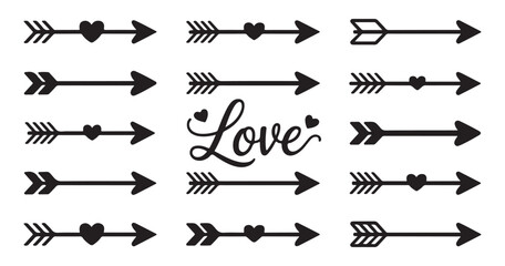 Modern collection of arrows featuring heart motifs and elegant flowing love typography for decoration