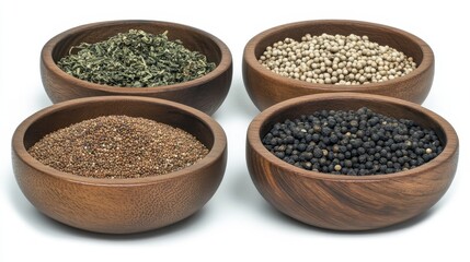 Assorted Spices and Herbs in Wooden Bowls Closeup