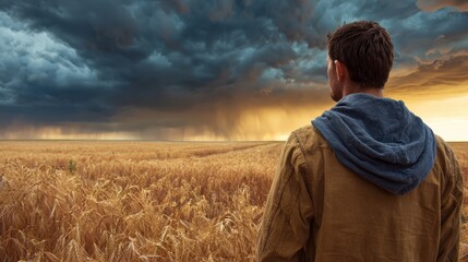 Male figure observes approaching storm over a ripe grain field