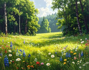 Lush green meadow bathed in golden sunlight, filled with vibrant wildflowers.