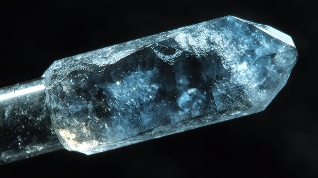 Close up view of a solidified crystalline structure with intricate internal patterns and a blueish sheen