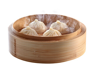 Steaming chinese dumplings in bamboo steamer basket isolated on transparent or white background, png