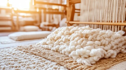 Close up of a pile of fluffy natural wool fibers resting on a woven textile near a wooden loom