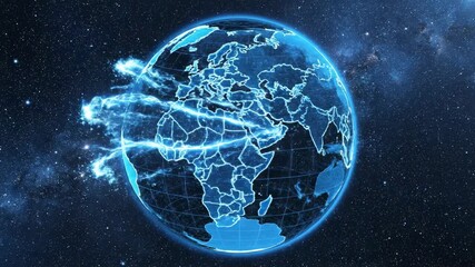 High-tech virtual aerial scan of a transparent digital globe with sweeping light trails highlighting continental outlines in deep blue space space, future, virtual - Powered by Adobe