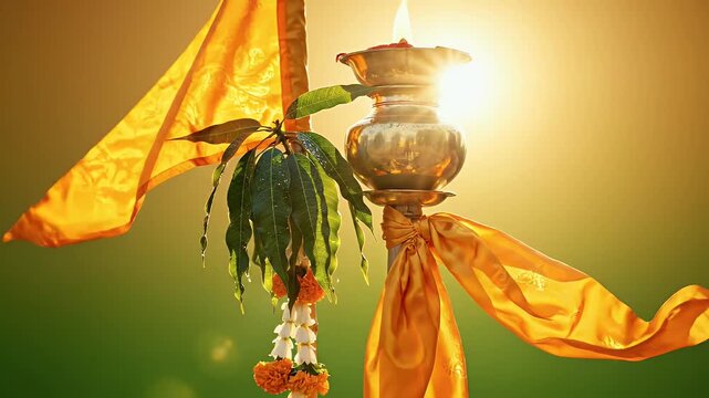 Gudi Padwa gudi flag with silk cloth and inverted kalash on green to golden gradient background