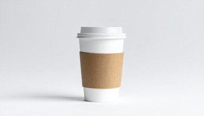 Coffee cup, vertical, white, isolated, with lid and brown sleeve, on plain background, in studio