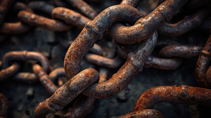 Close up of heavily rusted and corroded iron chains lying in a rough pile showing signs of age and decay