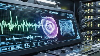 High-technology digital analyzer screen displaying abstract flowing light and fluctuating scientific data readings in a dark, operational mobile laboratory motion, energy, minimalist - Powered by Adobe