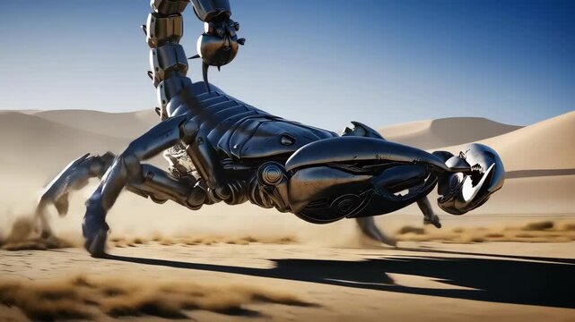 A metallic robotic scorpion with intricate mechanical details stands in a vast desert under bright sunlight. The futuristic design highlights advanced engineering and innovation.