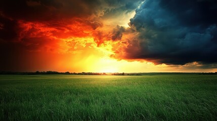 Dramatic sunset with vibrant crimson and gold hues painting the stormy sky over a vast green field