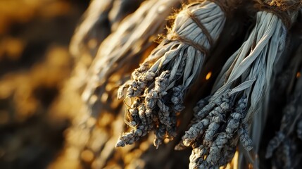 Bundles of dried and bleached tough fibrous plant stalks with textured detail illuminated by warm golden sunlight