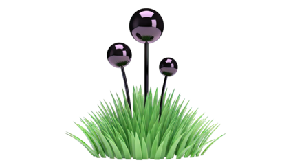 Three Black Spheres on Stems in Green Grass