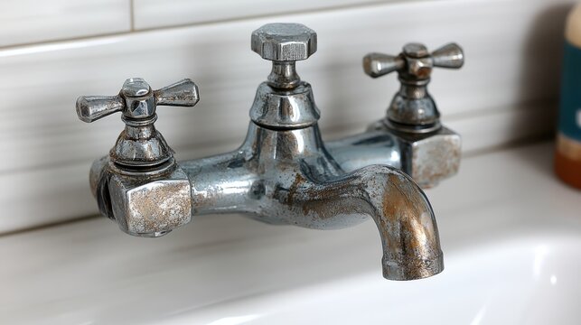 An old tarnished metal faucet with two handles positioned above a sink