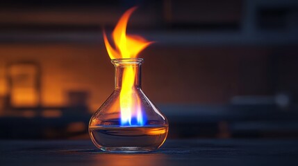 Burning Bunsen Burner Flame Heating a Glass Laboratory Flask