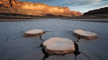 Barren riverbed with cracked earth smooth sun bleached stones and towering rock formations under a wide sky