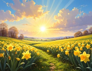 Sunny path through a field of yellow daffodils under a bright sky.