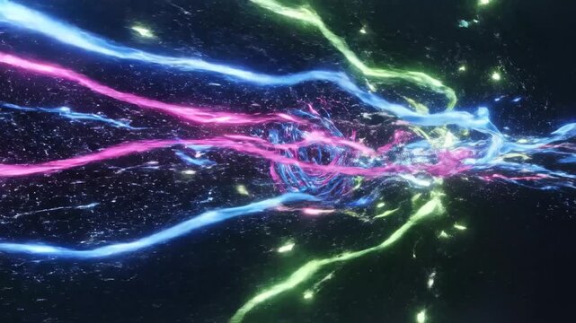 Highly abstract energetic fluid streams of pulsating neon color dynamically swirling and twisting to mimic a powerful athletic movement or serve wave, stream, speed