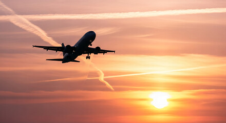 Silhouette of jet plane during sunset, taking off against colorful sky with cloud trails, representing travel, adventure, and new beginnings