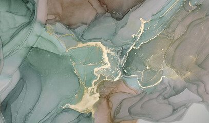 Abstract alcohol ink hand painted texture green beige tone with gold