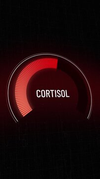Futuristic animated graphic cortisol stress hormone levels decreasing from high red zone to normal, health improvement, adrenal fatigue relief, reduced anxiety, medical measurement, Copy space