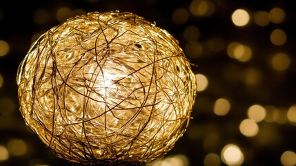 Close up of a gold wire sphere with a glowing light