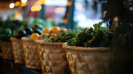 Fresh produce overflowing from intricately braided straw baskets at a vibrant market stall