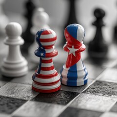 The image of the flags of the USA and Cuba in the form of two chess pieces of pawns facing each other on the chessboard. Close-up. The concept of a political game