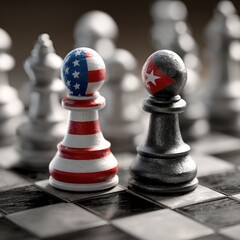 The image of the flags of the USA and Cuba in the form of two chess pieces of pawns facing each other on the chessboard. Close-up. The concept of a political game