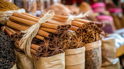 Bundles of dried cinnamon sticks and star anise spices in bags at a market