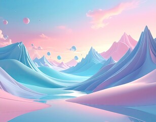 Pastel-hued landscape of mountains and river with floating spheres under a dreamy sky