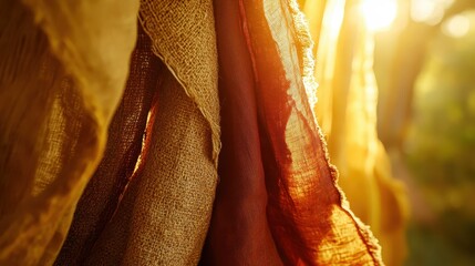 Close up abstract texture of woven natural fibers in warm golden sunlight