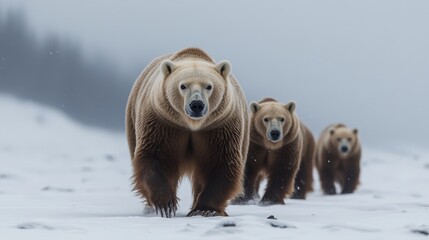 Obraz premium Three bears walk through a snowy landscape, with the largest bear leading the way and two smaller bears following closely behind.