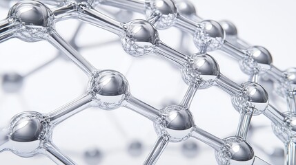 Close up of a gleaming silver metallic molecular structure with interconnected spherical nodes and linear elements forming a complex geometric lattice against a soft white background