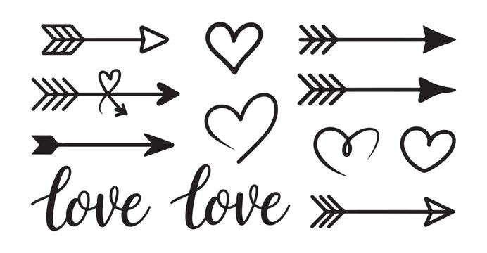 Hand drawn arrows and hearts with words love calligraphy for romantic graphic design elements isolated on white