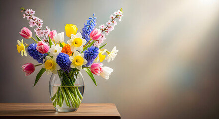 Obraz premium Vibrant spring floral arrangement in glass vase on wooden table