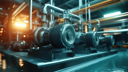 Close up of heavy duty industrial pumps and piping for fluid transfer in a manufacturing facility