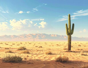 A solitary saguaro cactus stands tall in a vast desert landscape under a bright sky.