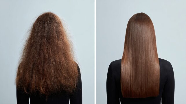 Before and after comparison of frizzy versus smooth straight hair after treatment