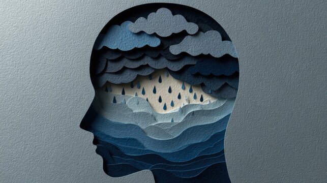 Depressed human head silhouette with storm clouds and rain in paper cut style representing mental health issues