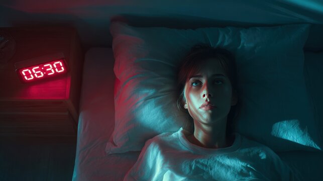 Woman lying in bed awake with insomnia looking at ceiling next to digital clock showing 6:30 AM