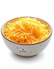 A ceramic bowl filled with bright orange, shredded cheese. The cheese appears fresh and appetizing