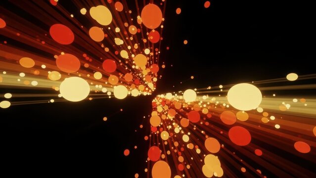 Vibrant orange and yellow lights burst in all directions against a dark background creating a dynamic energy effect