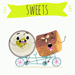 Funny Characters namoura, Turkish dessert, Kazandibi, Muhallebi, Tavuk Gogsu. Hand drawn vector illustration.