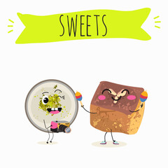 Funny Characters namoura, Turkish dessert, Kazandibi, Muhallebi, Tavuk Gogsu. Hand drawn vector illustration.