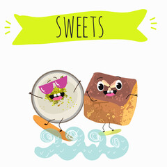 Funny Characters namoura, Turkish dessert, Kazandibi, Muhallebi, Tavuk Gogsu. Hand drawn vector illustration.