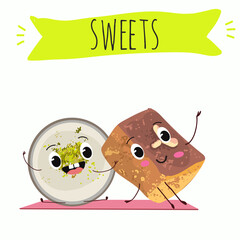 Funny Characters namoura, Turkish dessert, Kazandibi, Muhallebi, Tavuk Gogsu. Hand drawn vector illustration.