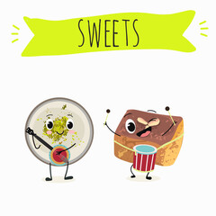 Funny Characters namoura, Turkish dessert, Kazandibi, Muhallebi, Tavuk Gogsu. Hand drawn vector illustration.