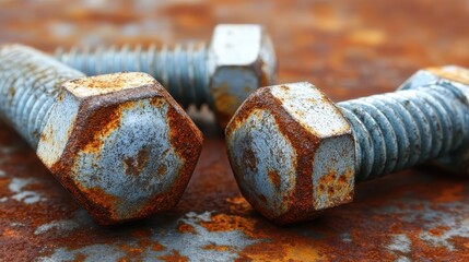 Close up of heavily oxidized metal bolts and screws showing rough texture and rust details