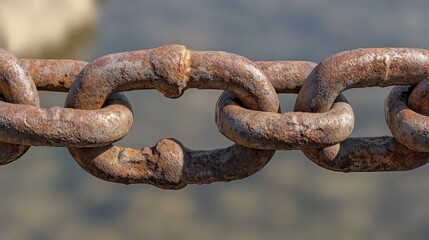 Close up of weathered metal chain links interlocked tightly